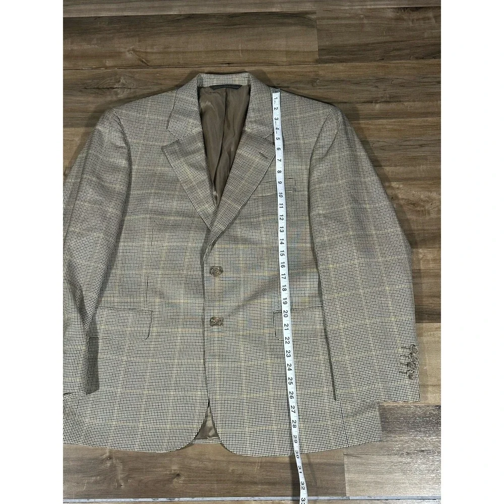 Jack Victor Mens Tan Houndstooth Plaid Blazer 41S Silk Wool E Thomas Fabric EUC